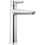 Chrome single-handle bathroom faucet with lever control and tall cylindrical spout in polished finish.