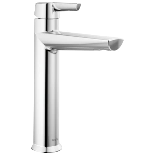 Chrome single-handle bathroom faucet with lever control and tall cylindrical spout in polished finish.