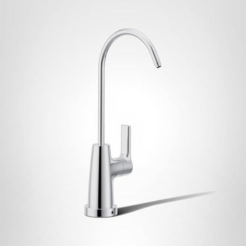 Chrome drinking water faucet with curved gooseneck spout and single lever handle.