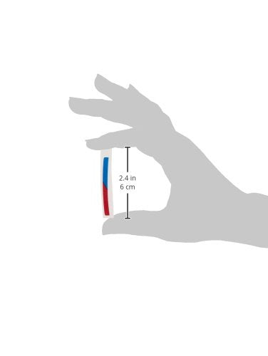Small rectangular decal with blue section at top and red section at bottom, held in gray hand silhouette with measurement dim