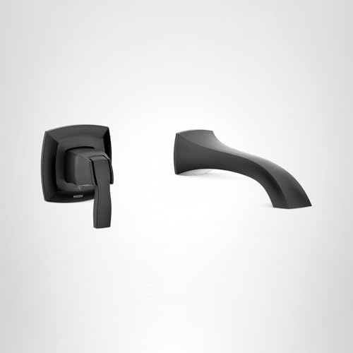 Matte black wall-mount tub faucet with single handle lever and curved spout.