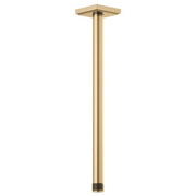 Luxe gold ceiling-mounted shower arm with square flange, 14 inches long.