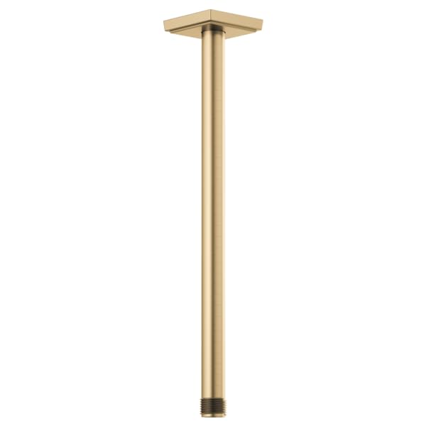 Luxe gold ceiling-mounted shower arm with square flange, 14 inches long.