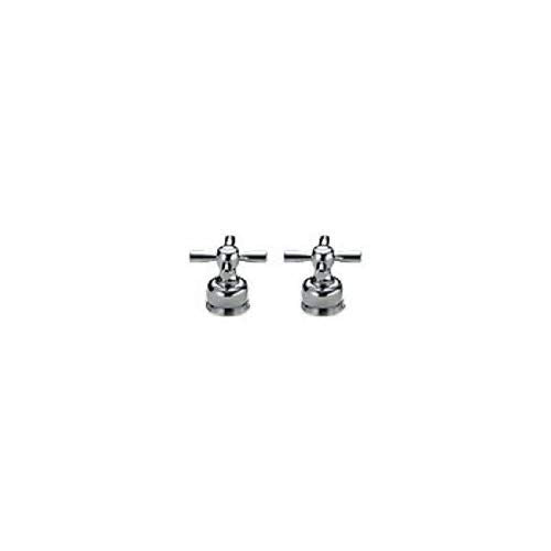 Chrome finish metal faucet handles with cross-shaped grips and round bases, shown as a pair.