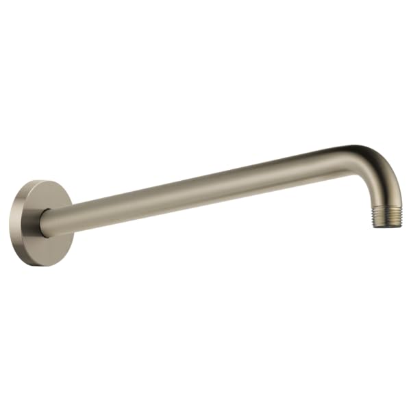 Brushed nickel 16-inch linear round wall-mount shower arm with threaded connection and circular flange.