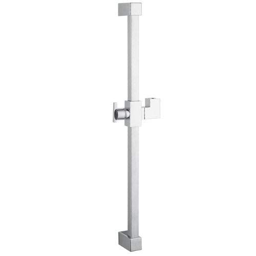 Chrome finish slide bar with square mounting brackets and adjustable holder positioned on vertical rail.
