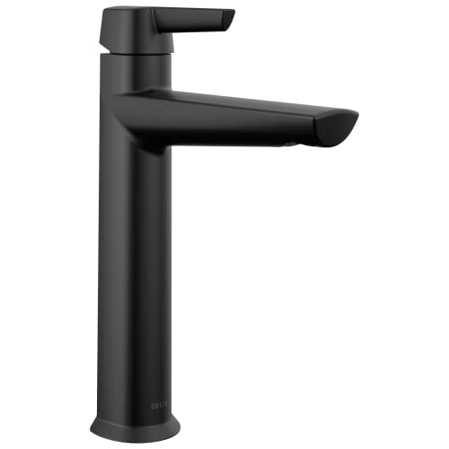 Black single-handle bathroom faucet with lever control and curved spout on cylindrical base.