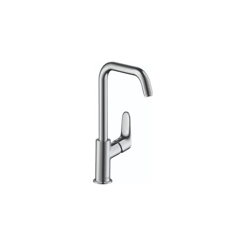 Chrome single-hole bathroom faucet with tall curved spout and lever handle.