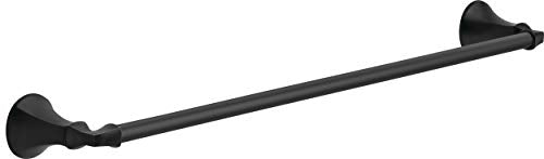 Matte black towel bar with tapered ends and circular mounting flanges, approximately 24 inches long.