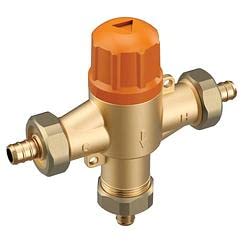 Brass thermostatic mixing valve with orange cap and two PEX crimp ring connections.