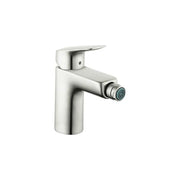Brushed nickel single-hole bidet faucet with angular lever handle and cylindrical spout.