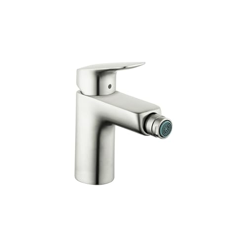 Brushed nickel single-hole bidet faucet with angular lever handle and cylindrical spout.