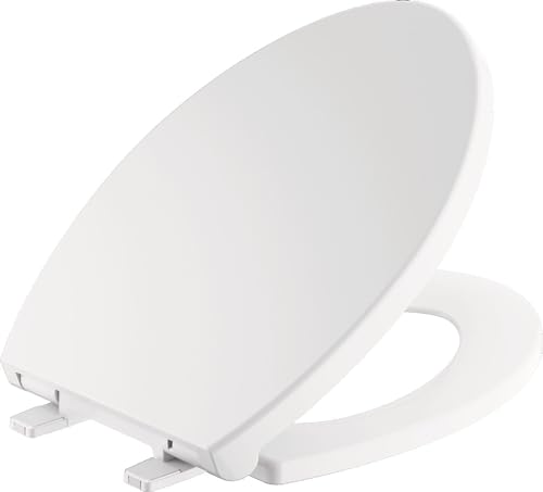 White elongated toilet seat with slow-close hinge and mounting hardware visible.