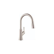 Steel optic high-arc kitchen faucet with pull-down spray head and single lever handle.