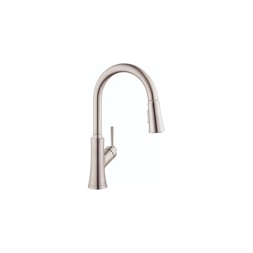 Steel optic high-arc kitchen faucet with pull-down spray head and single lever handle.