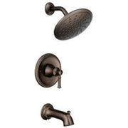 Oil rubbed bronze tub shower faucet system with round rainshower head, wall-mounted spout, and trim lever handle.