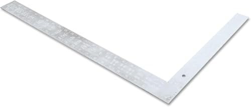 Silver aluminum framing square with 24-inch and 16-inch arms forming a right angle.