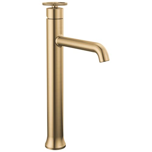Champagne bronze single-handle vessel faucet with cylindrical body and wheel control knob on top.