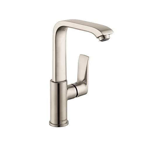 Brushed nickel single-hole bathroom faucet with tall curved spout and lever handle.