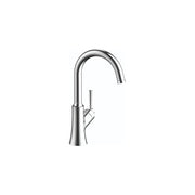 Chrome single-handle bar faucet with curved spout and lever control.