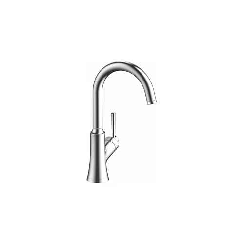 Chrome single-handle bar faucet with curved spout and lever control.