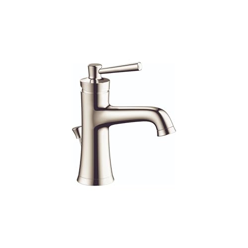 Polished nickel single-hole bathroom faucet with curved spout and lever handle on vertical base.