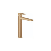 Brushed bronze single-hole faucet with tall rectangular base and extended lever handle spout.