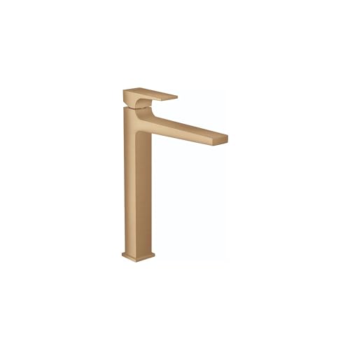 Brushed bronze single-hole faucet with tall rectangular base and extended lever handle spout.