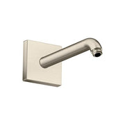 Brushed nickel square shower arm with angled cylindrical spout and wall-mounted square flange.