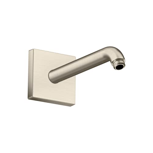 Brushed nickel square shower arm with angled cylindrical spout and wall-mounted square flange.