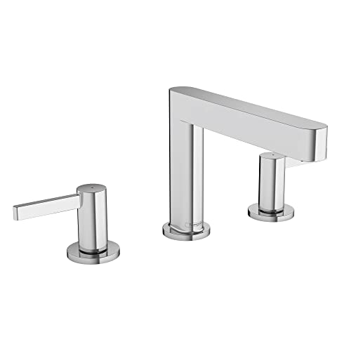 Chrome three-piece widespread bathroom faucet with cylindrical handles and curved spout.
