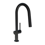 Matte black high-arc kitchen faucet with pull-down spray head and single lever handle.