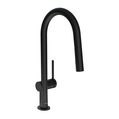 Matte black high-arc kitchen faucet with pull-down spray head and single lever handle.
