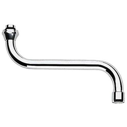 Chrome swivel spout with connector fitting on left end and square outlet on right end.