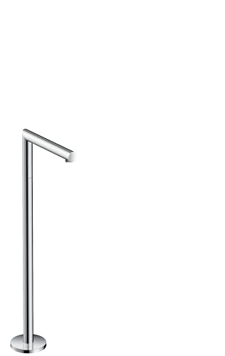 Chrome freestanding tub spout with curved angled spout and tall vertical stem.
