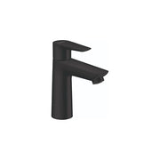 Matte black single-hole bathroom faucet with curved spout and lever handle.