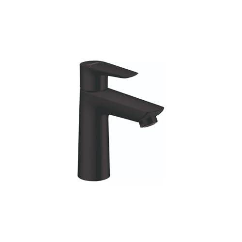 Matte black single-hole bathroom faucet with curved spout and lever handle.