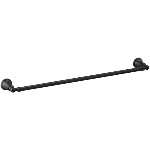 Black metal towel bar with decorative knob-style end caps on both sides.