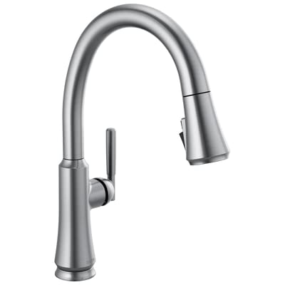 Chrome single-handle kitchen faucet with curved spout and pull-down spray head.