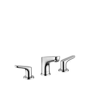 Chrome widespread bathroom faucet with two handles, curved spout, and pop-up drain assembly.