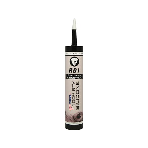 Black RTV silicone sealant tube with white applicator tip and Red Devil RDI branding label.