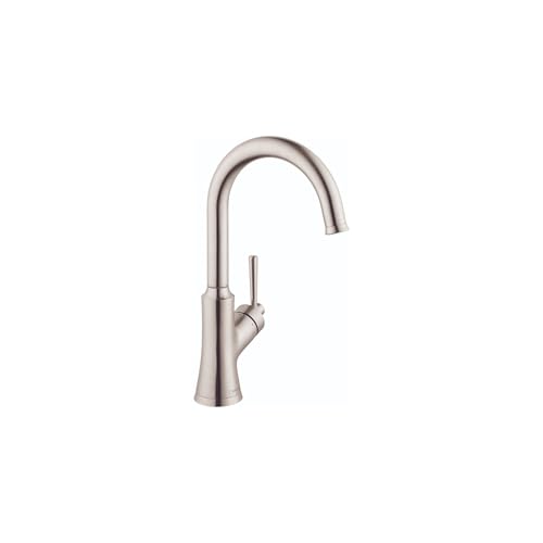 Steel Optic single-handle bar faucet with curved spout and side lever control.