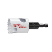 Milwaukee HOLE DOZER 1-1/2" bi-metal hole saw with black arbor attachment.