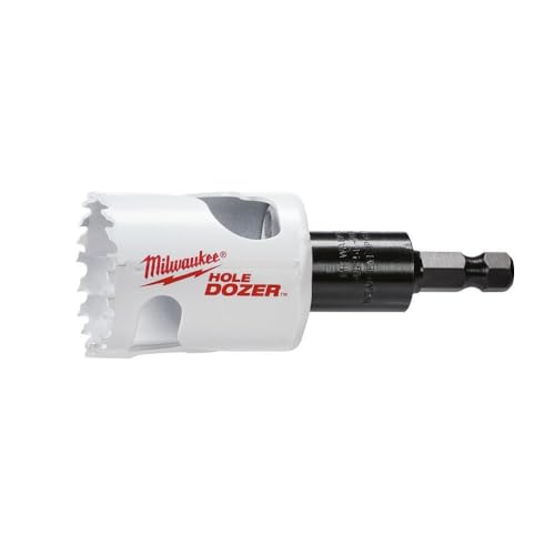 Milwaukee HOLE DOZER 1-1/2" bi-metal hole saw with black arbor attachment.