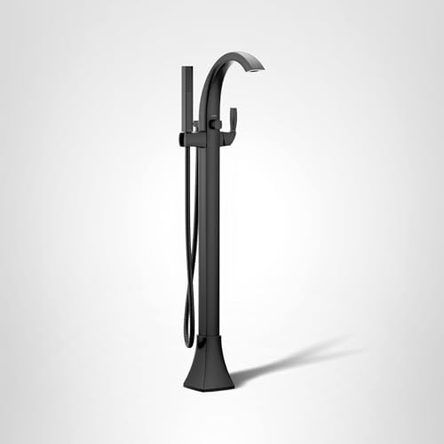 Matte black freestanding floor-mount tub filler with single handle, curved spout, and attached handshower hose.