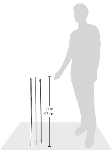 Chrome-plated shower rail with vertical mounting bracket, 37 inches tall, shown next to figure for scale.