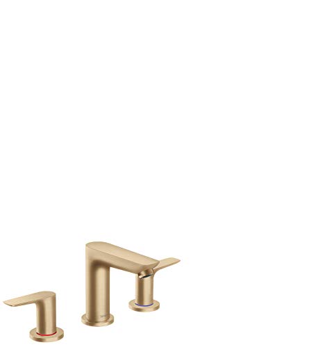 Brushed bronze widespread bathroom faucet with tall center spout and two lever handles.