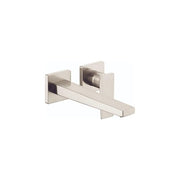 Brushed nickel wall-mount faucet trim with single lever handle and rectangular spout.