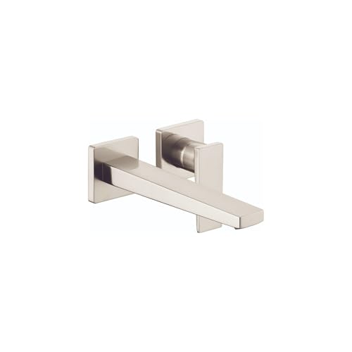 Brushed nickel wall-mount faucet trim with single lever handle and rectangular spout.