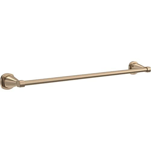 Brushed gold towel bar with round mounting flanges on each end, 24 inches long.